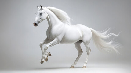 Naklejka premium majestic white Arabian horse gracefully prances, showcasing its elegance and beauty. flowing mane and powerful stance evoke sense of freedom and strength