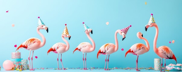 Obraz premium Flamingos Celebrating in Colorful Party Hats