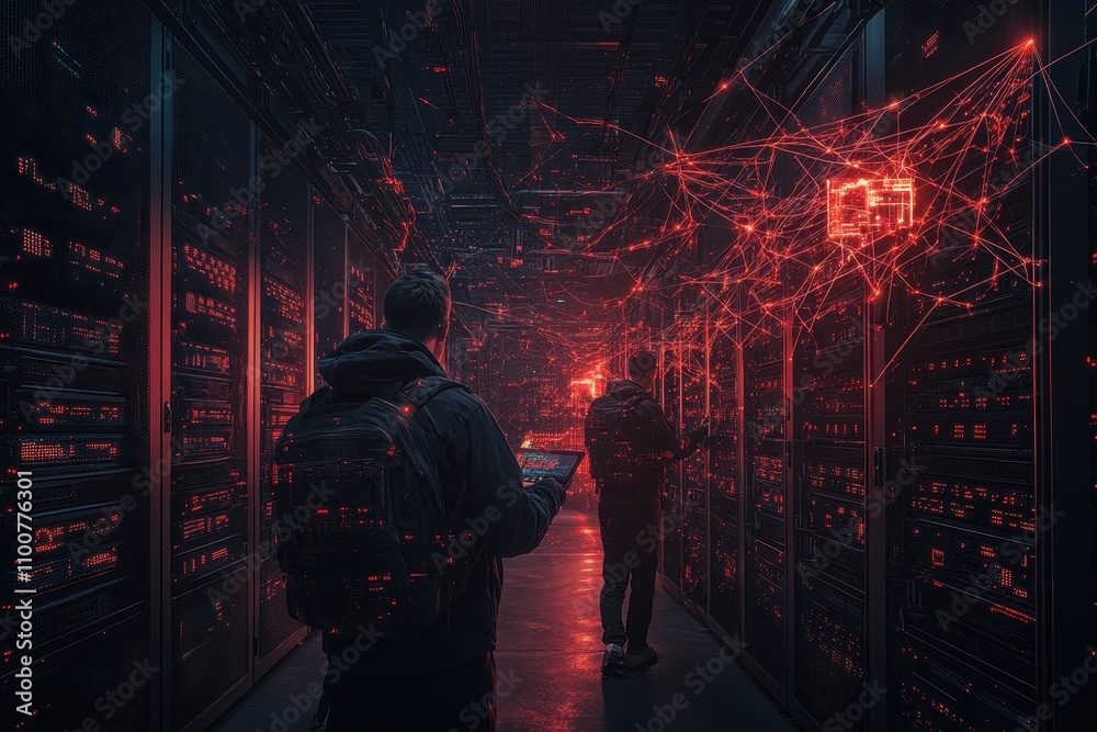 Poster A dimly lit data center with two figures, illuminated by red light and digital network graphics, exploring advanced technology and data connections.
