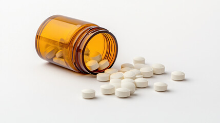 White round pills spill from amber bottle on white background, creating clean and clinical look. This evokes sense of health and wellness