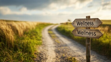 Rustic signpost pointing to wellness along dirt path in serene countryside landscape