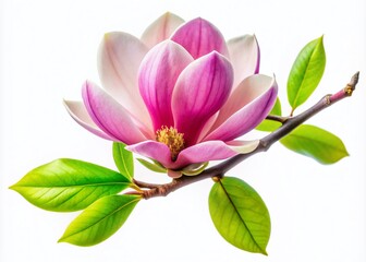 Obraz premium Stunning Magnolia Liliiflora Flower on Branch with Leaves Isolated on White Background for Nature and Floral Photography Projects