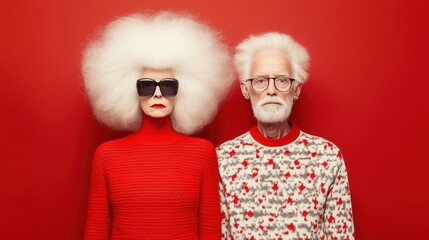 Fototapeta premium Stylish Senior Couple in Vibrant Red Fashion, Featuring Bold Knitwear, Oversized Sunglasses, and Iconic Hairstyles