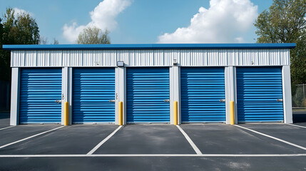 Four Blue Storage Unit Doors in a Row, Bright Sunny Day