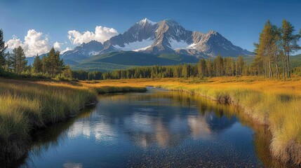 Fototapeta premium Scenic mountain landscape with a river and lush greenery under a clear blue sky.