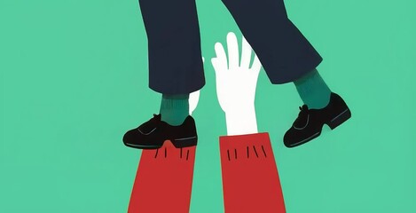 Minimalist vector: white hands with red sleeves lifting a person in black shoes, green socks, and green background. Bold and clear design