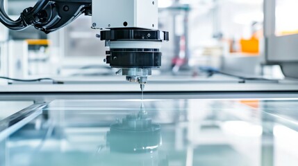 A robot assisting with precision glass cutting in a high-tech optics lab with clean, organized cutting stations and advanced glass handling systems, Optics tech style