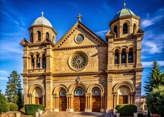 Obraz premium Stunning Product Photography of the Cathedral Basilica of Saint Francis of Assisi in Santa Fe, New Mexico Showcasing Architectural Detail and Historic Significance