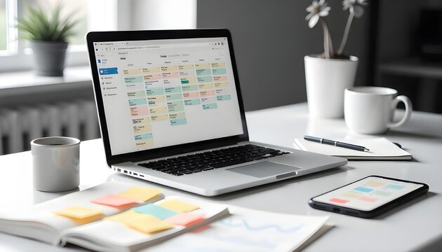 A sleek and modern workspace with a laptop open to a social media content calendar