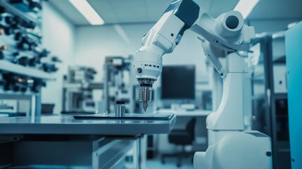 A robot calibrating advanced optical instruments in a precision laboratory with high-resolution lenses and equipment, Optical tech style, photo of