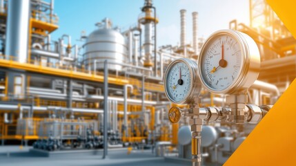 Detailed closeup of crude oil processing with industrial pipes and pressure gauges in a modern facility