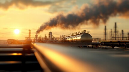 Closeup view of refinery pipes with hot steam rising against sunset horizon symbolizing fuel production and industry impact