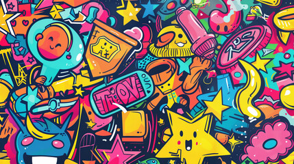 Fototapeta premium Colorful hand drawn toy doodles, whimsical collage of iconic pop art, seamless pattern --ar 16:9 Job ID: 2be4ced3-e5ab-4bc7-9174-ba3ba26952cf