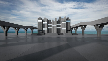 Abstract building with empty parking, concrete floor, and sea view. 3D rendering car scene background.