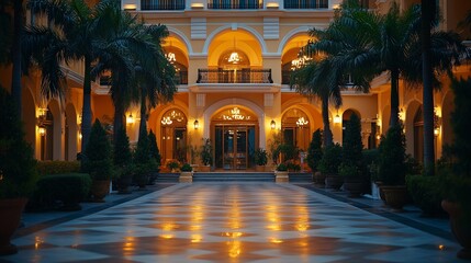 Obraz premium Illuminated hotel entrance at night.