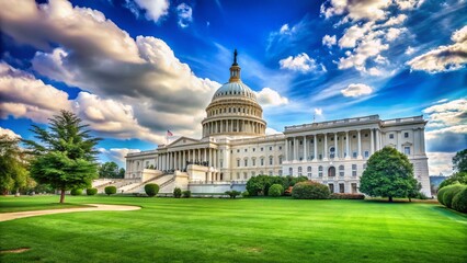 Obraz premium Stunning View of the Capitol Building with Lush Green Surroundings and Clear Blue Sky, Perfect for Government and Architecture Themes, Showcasing Classic American Design Elements