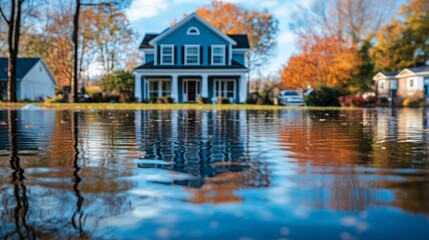 Obraz premium Flooded Home in Suburbia with Reflection. Natural Disaster and Flood Insurance Concept.
