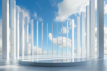 Grille architectural space booth of the art center under blue sky and white clouds