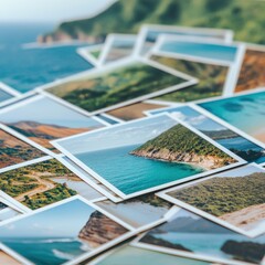 A collection of vibrant landscape photographs showcasing beautiful coastlines, lush greenery, and serene waters, capturing the essence of nature's beauty.