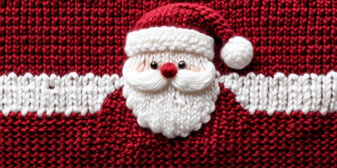 Knit red sweater texture featuring Santa Claus design with fluffy beard and hat, perfect for holiday celebrations and festive attire