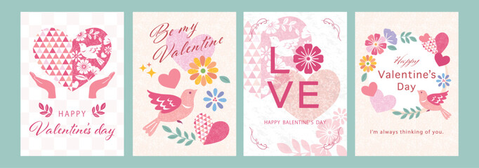 Geometric vector design for a Valentine's card set. A cute and pop illustration of hearts, flowers and birds as a Valentine-themed frame.