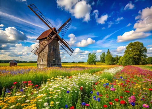 Summer Fields and Angla Windmills in Leisi Parish, Saarema Island, Estonia: Captivating Landscape with Lush Greenery and Scenic Windmills Under a Bright Blue Sky