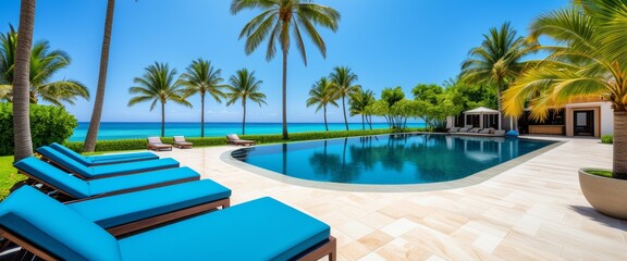 Fototapeta premium Tropical beachfront paradise: luxury poolside retreat with palm trees and ocean views