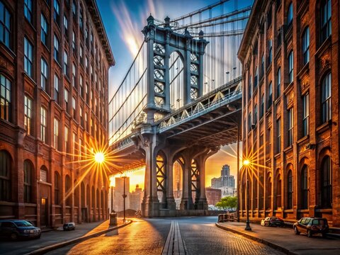 Sunlight Streaming Through the Pillars of Manhattan Bridge in Dumbo, Brooklyn, Capturing the Essence of New York City with Vibrant Urban Scenery and Architectural Beauty