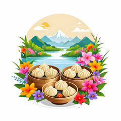 illustration of Steamed baozi dumplings in round bamboo steamers  near river surrounded by colorful flowers on white background.