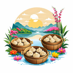 illustration of Steamed baozi dumplings in round bamboo steamers  near river surrounded by colorful flowers on white background.