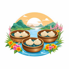 Fototapeta premium illustration of Steamed baozi dumplings in round bamboo steamers near river surrounded by colorful flowers on white background.