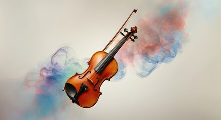 Fototapeta premium Wooden violin with colorful smoke backdrop, showcasing art and music elegance