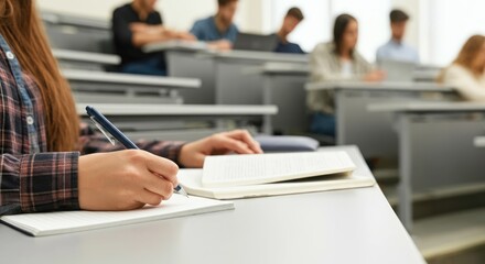 Students in lecture hall writing notes during class