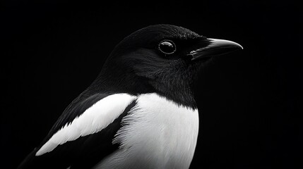 Obraz premium Black and white close-up of a magpie against a dark background.