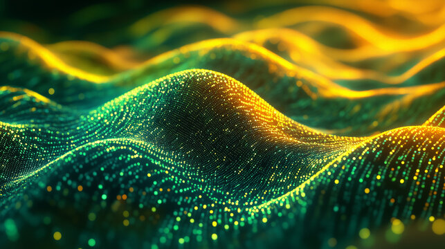 Flowing stream of binary code in green and yellow hues, representing data transfer and technology


