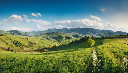Naklejka premium Mountain meadow with green hills and a bright summer sky filled with clouds