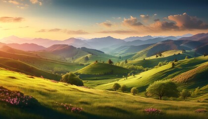 Fototapeta premium Mountain sunset with panoramic view of green valleys and forested hills under a sky painted with vibrant colors and scattered clouds