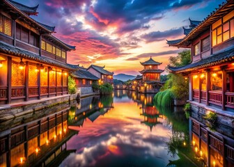 Obraz premium Surreal Dreamscape of Shuanglang Ancient Town by Erhai Lake at Sunset with Reflections of Colorful Clouds and Mystical Elements Blending Nature and Architecture