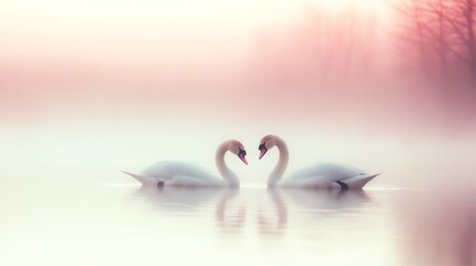 Obraz premium Two elegant swans create a romantic scene in the misty water at dawn, surrounded by soft pastel colors.