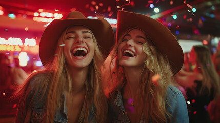 Confetti falling on women wearing cowboy hats laughing dancing in nightclub