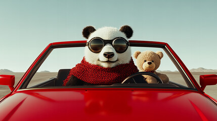 Panda in aviator goggles enjoys a sunny drive in a red convertible with a teddy bear companion