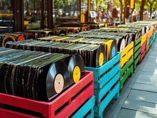 Colorful vinyl records displayed for music enthusiasts outdoors.