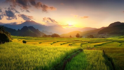 Fototapeta premium Golden sunlight bathes a picturesque landscape of rolling hills and verdant fields at sunrise