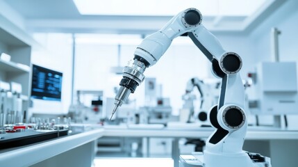 A robot conducting automated environmental testing in a clean, modern climate control lab with organized testing stations and advanced environmental monitoring systems, Climate control tech style