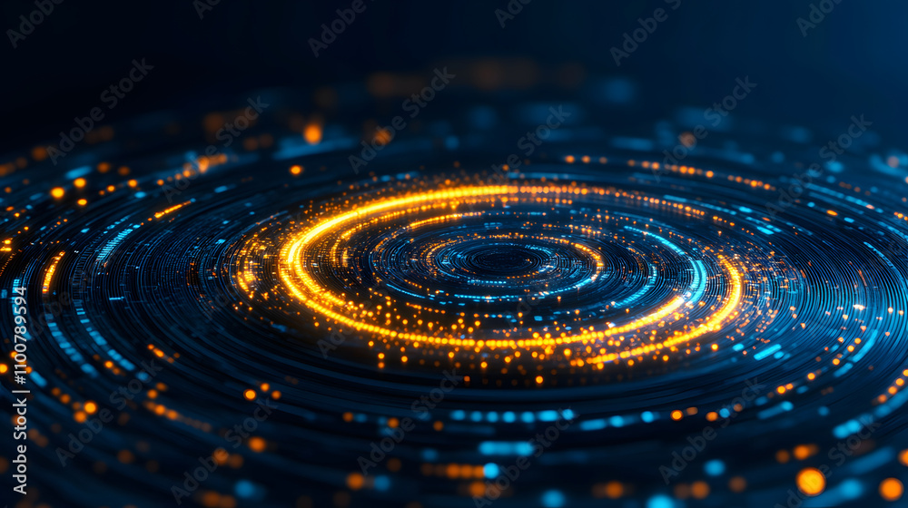 Poster a vibrant abstract digital swirl of glowing lights and patterns in blue and orange tones, suggesting