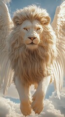 Obraz premium Majestic White Lion Soaring With Angelic Wings