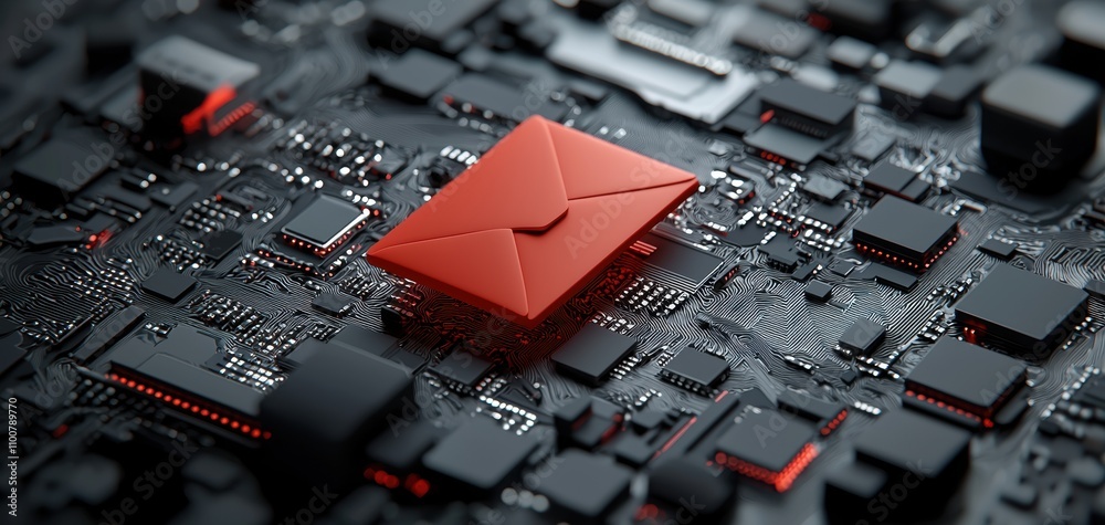 Poster Red envelope digital backdrop concept. A striking close-up of a circuit board featuring a prominent red component amidst intricate electronic pathways.