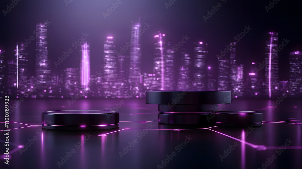 Poster a futuristic cityscape features glowing purple elements and sleek black circular objects, creating a