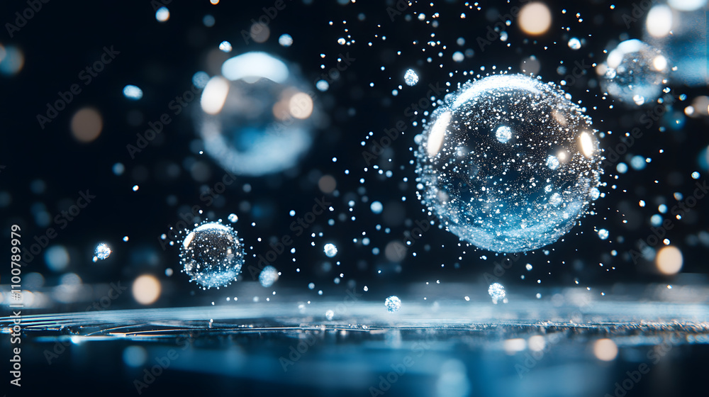 Poster floating water droplets and bubbles in a dark, shimmering environment, creating a magical and ethere