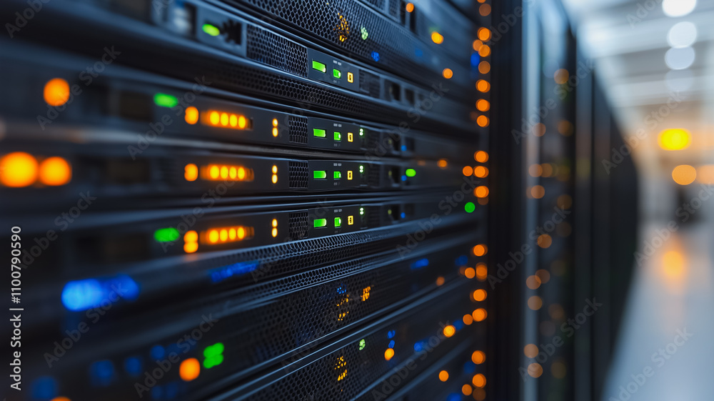 Poster a row of computer servers with green, blue, and yellow lights. the servers are connected to each oth